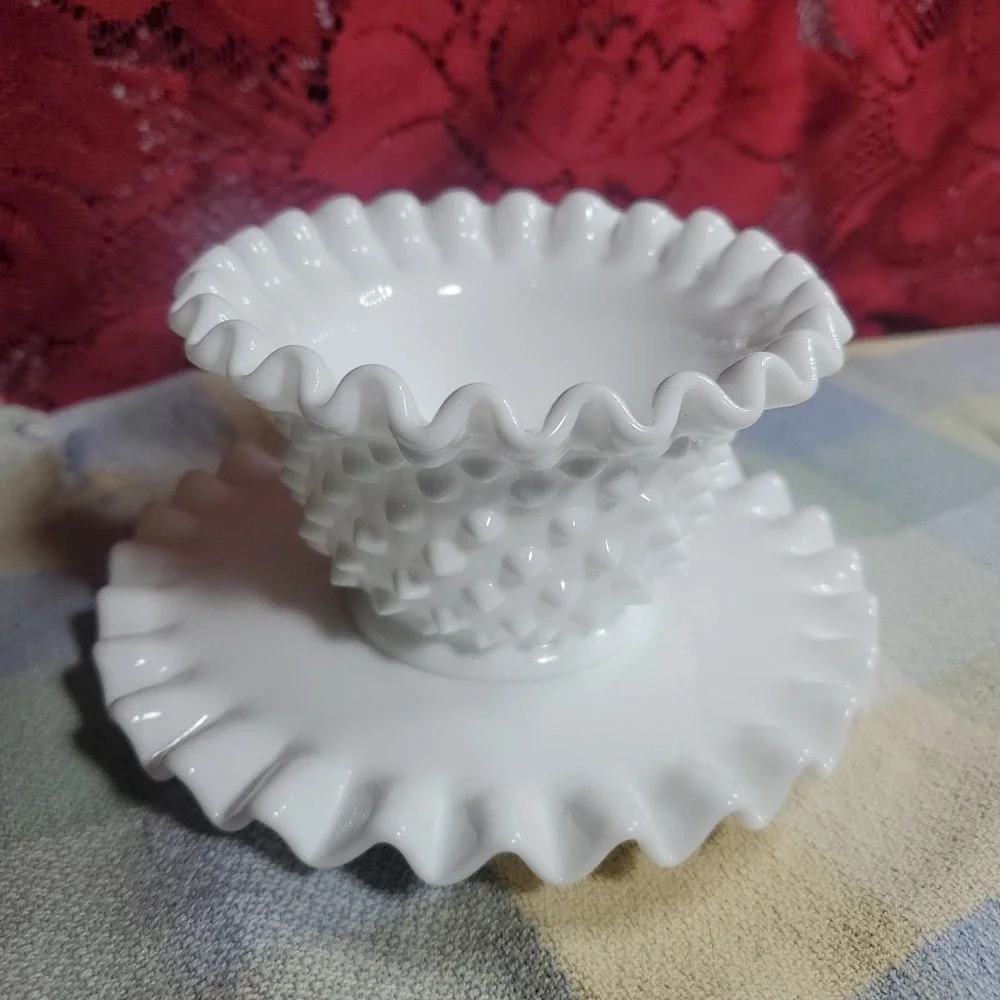 Vintage Fenton Milk Glass Hobnail‎ Mayonnaise Bowl and Underplate